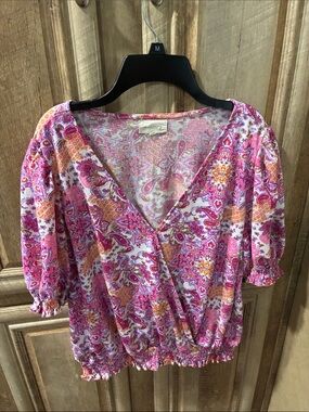 MELLODAY Pink Paisley Bubble-Hem Blouse with Puff Sleeves